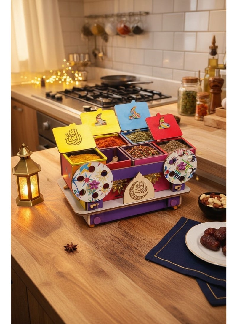 منظم توابل خشبي أنيق لرمضان، مزود بأربعة برطمانات، لتخزين التوابل على سطح المطبخ، ورف توابل أعشاب مزخرف. - Image 5